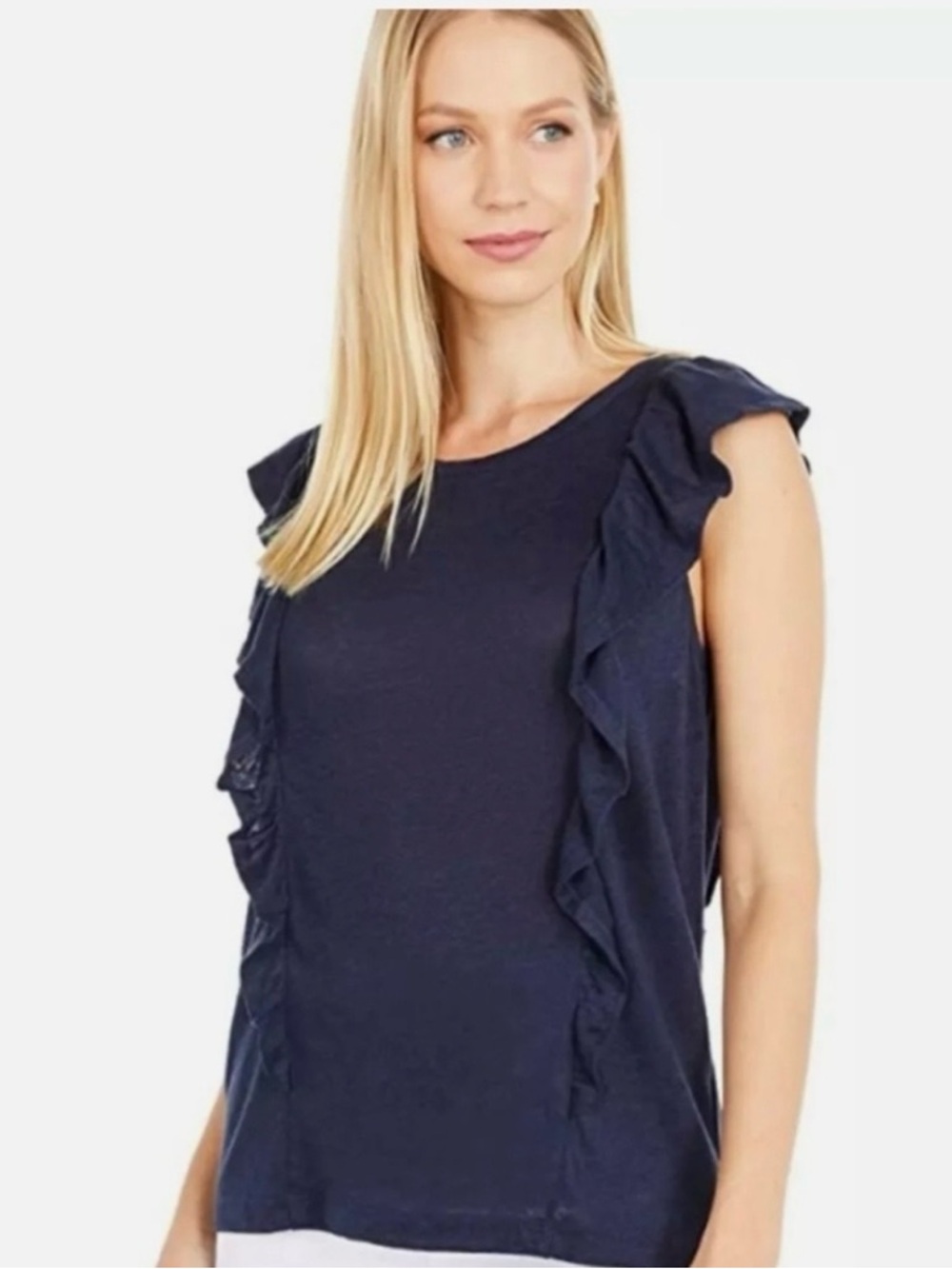J. Crew Linen Ruffle Tee in Navy Blue Size Small